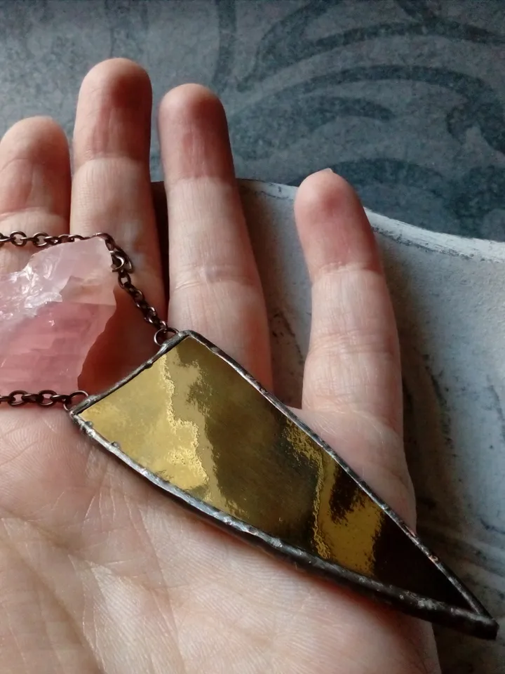 Spike necklace, rose quatrz pendant, stained glass necklace, geometric pendant, triangular necklace
