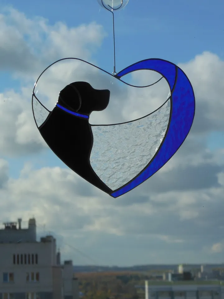 Dog Black Retriever Labrador in Blue Heart . Art Stained glass window hanging Suncatcher . Gift for animal lover , pet loss memorial