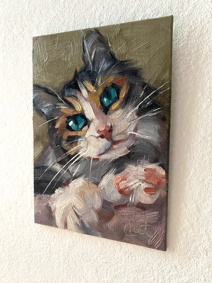 Cat oil painting original, Pet portrait artwork, Animal miniature wall art 4x6
