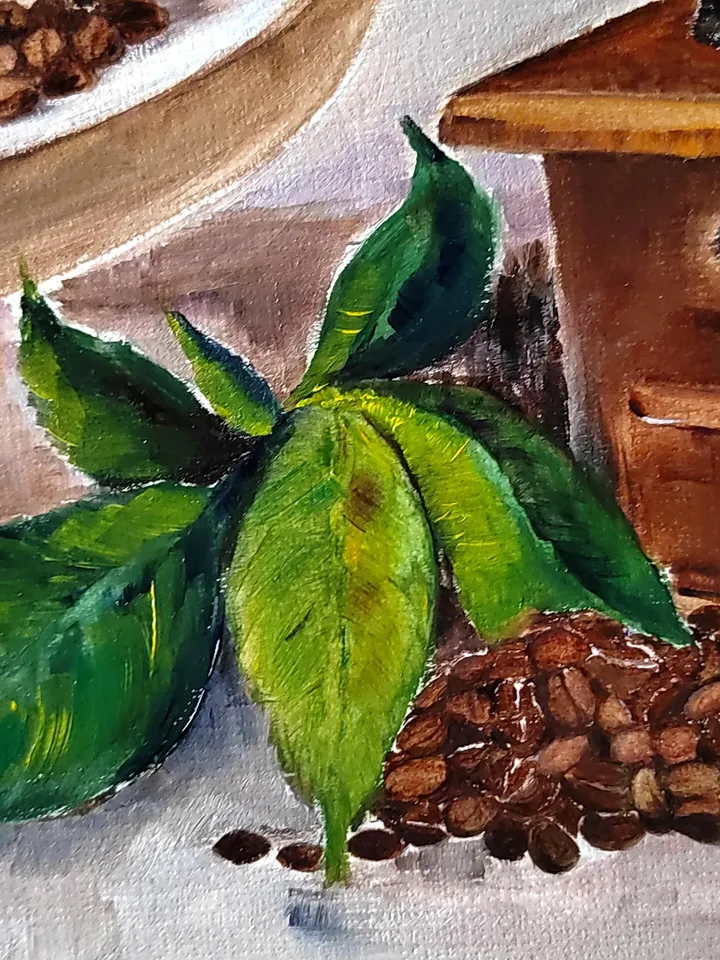 Manual Coffee Mill & Coffee Beans Artwork Original Oil Painting 10.63x15.35 in by ArtCafe
