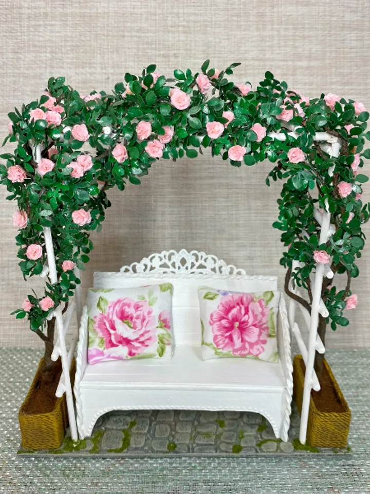 Arch with a weaving rose and a bench. Dollhouse accessories. 1:12. Doll garden. Plants for the doll.