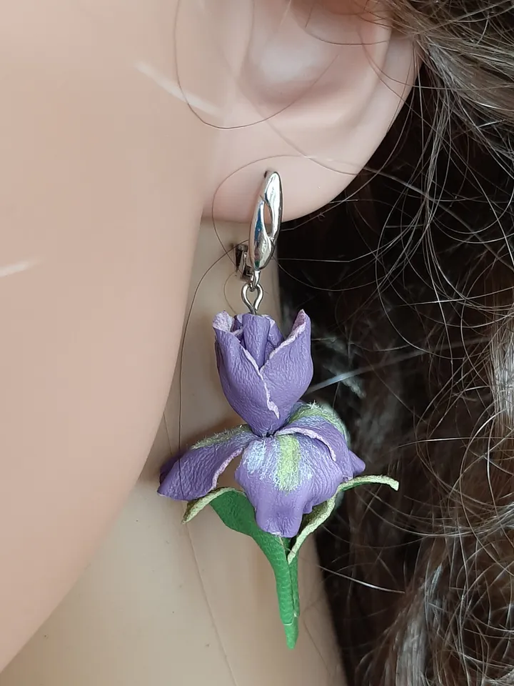 Iris leather earrings for her, Leather jewelry, 3rd anniversary gift for wife