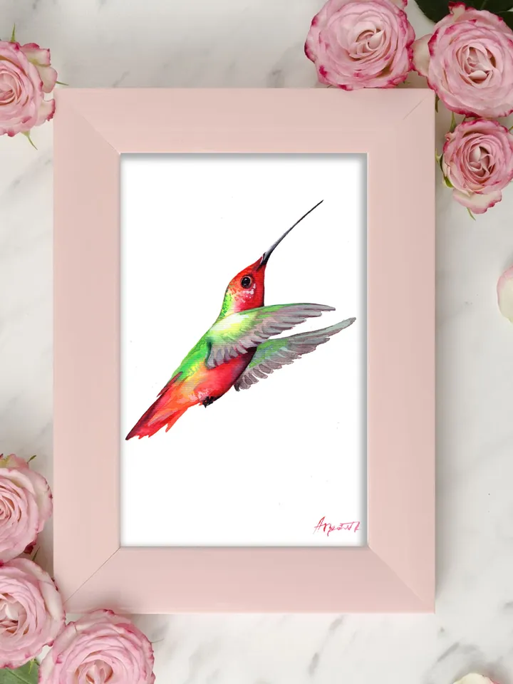 Hummingbird original watercolor, birds painting, wall room decor, 7x10 in art for bird lovers by Anne Gorywine