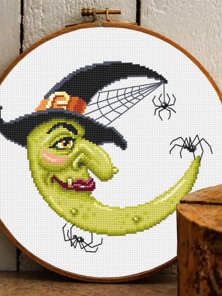 Crescent moon witch cross stitch pattern download PDF, Halloween moon cross stitch chart, Magic witch hat cross stitch Halloween spider #H43