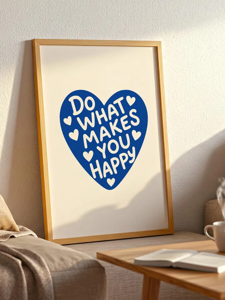 Do What Makes You Happy Navy Heart Print – Bold Motivational Quote Wall Art, Self Love Digital Download, Aesthetic Printable Poster