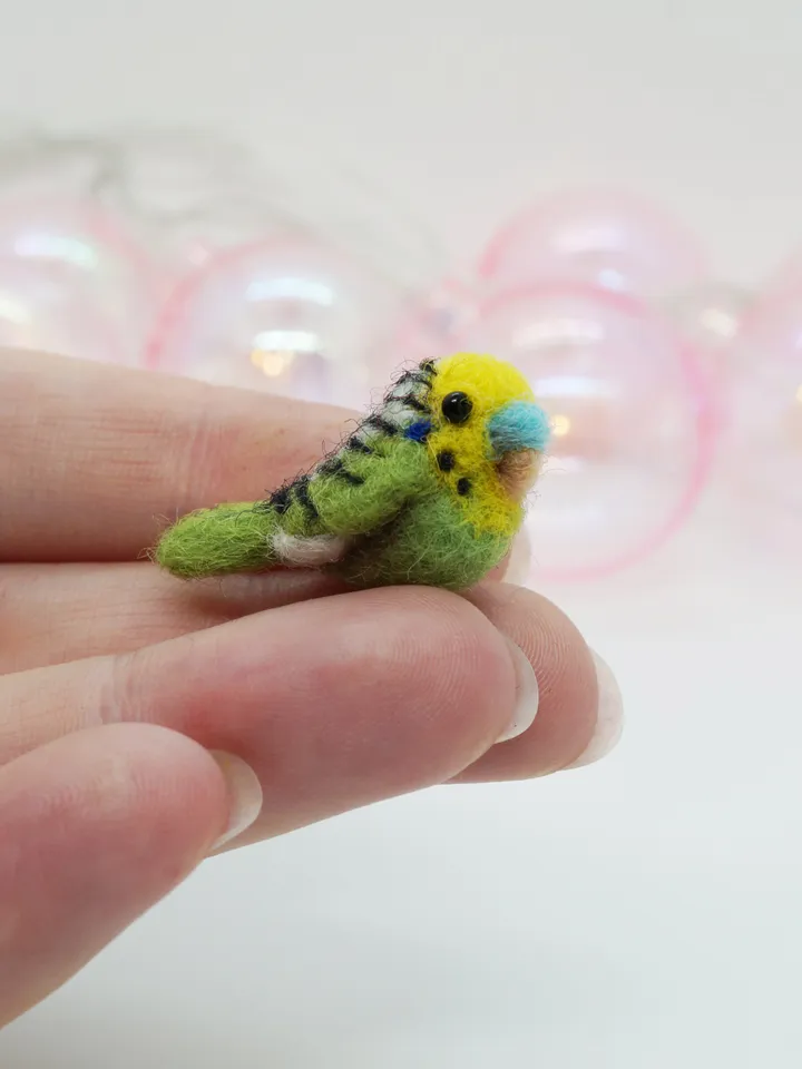 Miniature needle felted green budgie, tiny pet, tiny bird