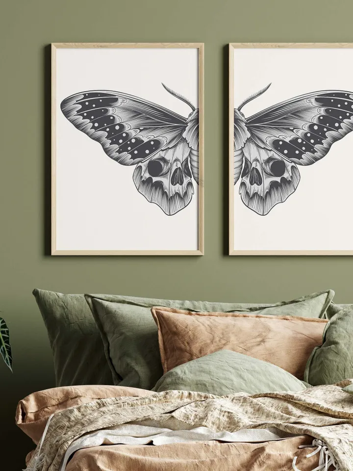 Black Sketch Butterfly Printable Wall Art Set of 2, Butterfly Print Digital Download, Split Butterfly Wings Art Print, Bedroom Wall Art