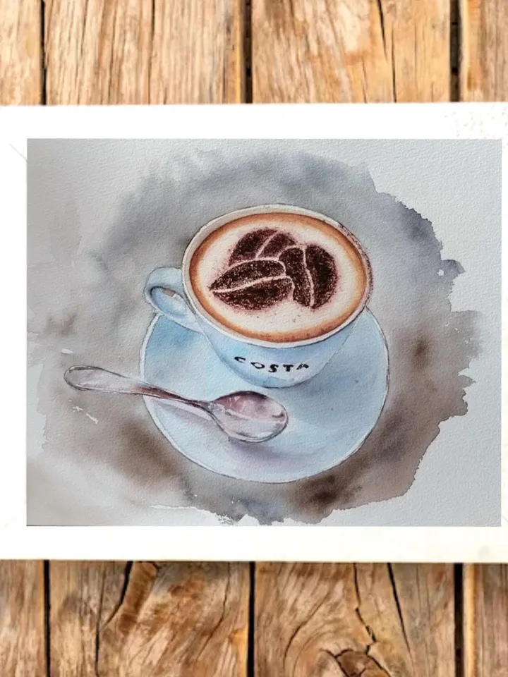 Cappuccino Cup Painting Original Watercolor Art Coffee Cup in Watercolor 8.27x11.69 in by Art Café
