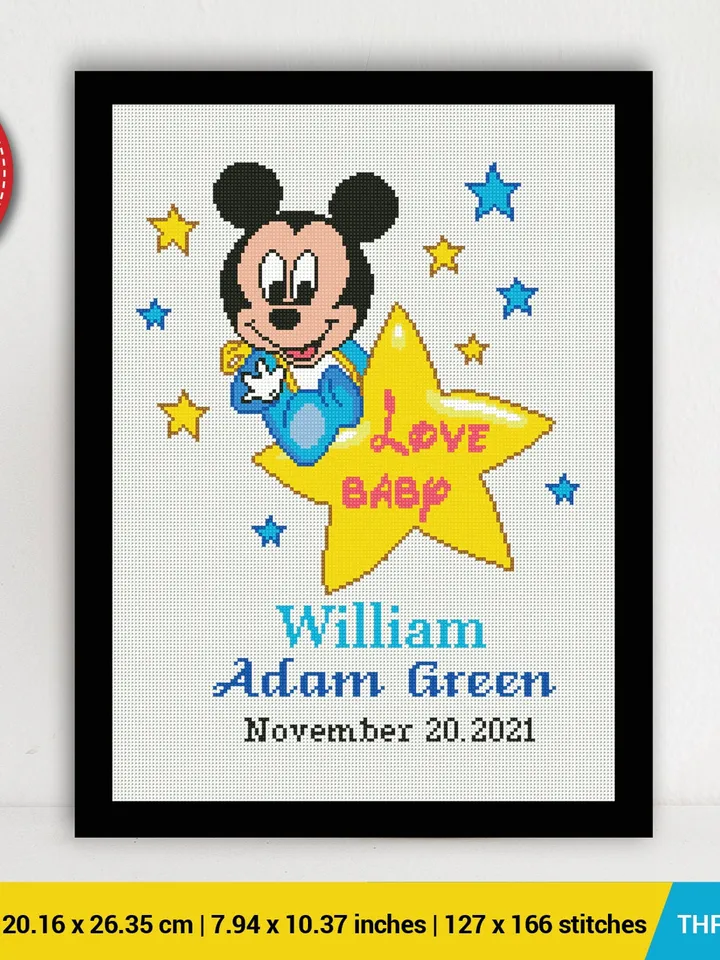 Mickey Birth announcement cross stitch pattern, Mouse, baby, personalized, boy nursery, counted, chart, gift DIY, embroidery, instant PDF
