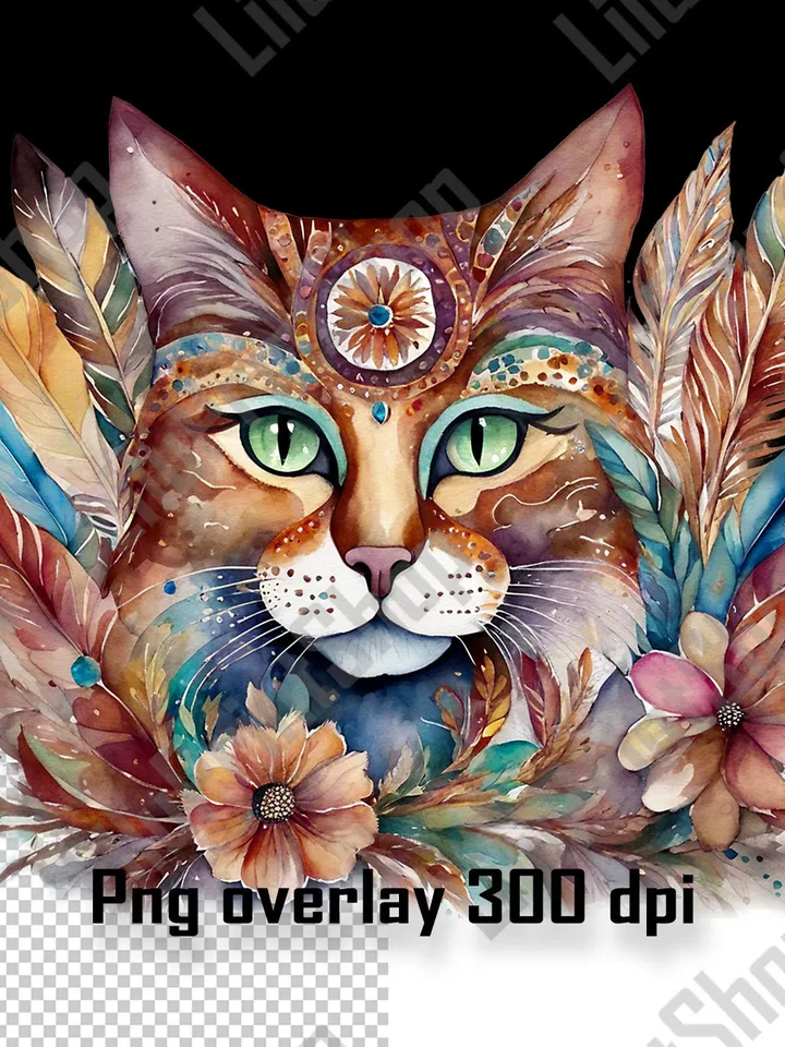 Cat with flowers and feather png clipart. Boho Floral cat head overlay, Digital instant download for sublimation