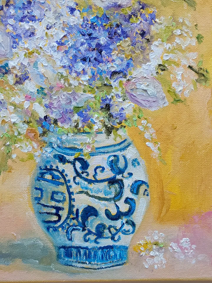 Oil painting on canvas "Still life. Bouquet of lilacs in a Chinese vase" 24x30cm (9.6x12inch)