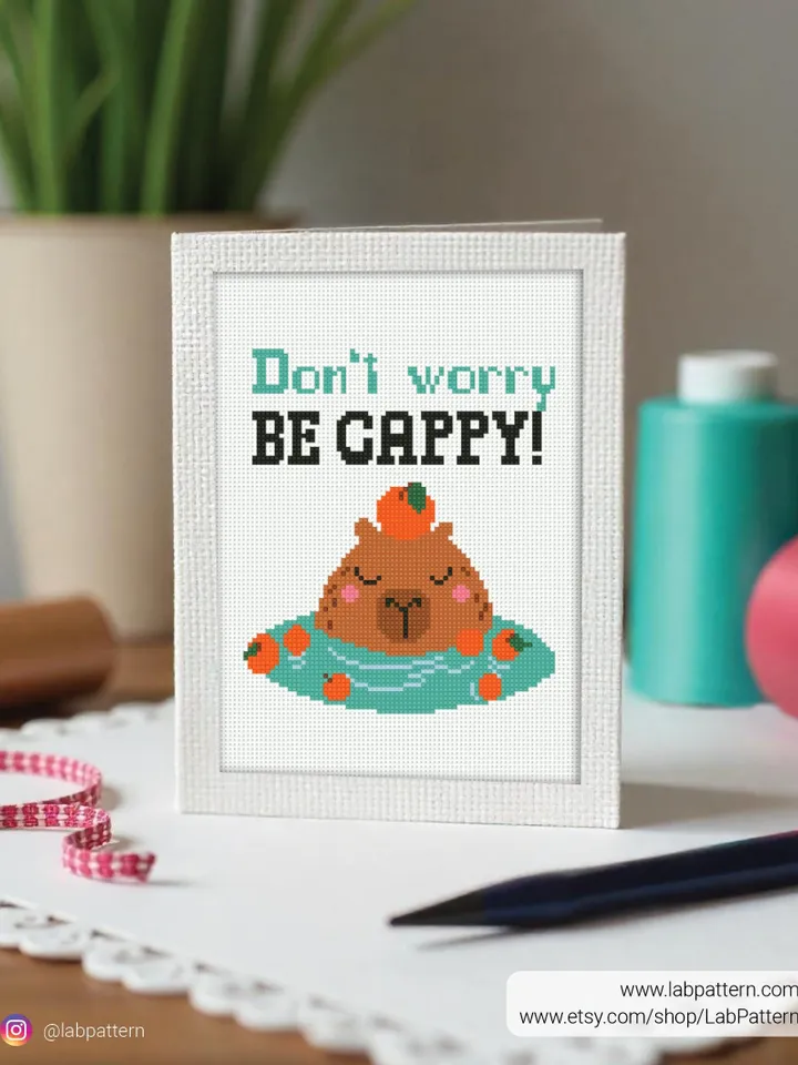 Capybara meme Cross stitch pattern, Don’t worry be cappy, animals, beginner counted, modern chart, gift DIY, embroidery, instant PDF
