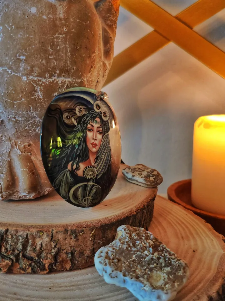 Pearl pendant necklace: Woodland fairy and owl painted on Lacquer handmade jewelry • Unique statement magic necklace for fantasy lover girl