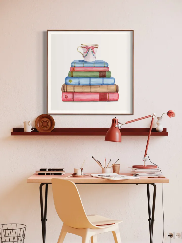 Vintage Book Art Print, Watercolor Painting Poster, Vintage Book Art, Watercolor Book Art, Home Office Wall Art, Stack Of Books, Library Art