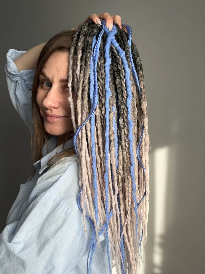Dreadlocks natural color, blue braids, fake hair