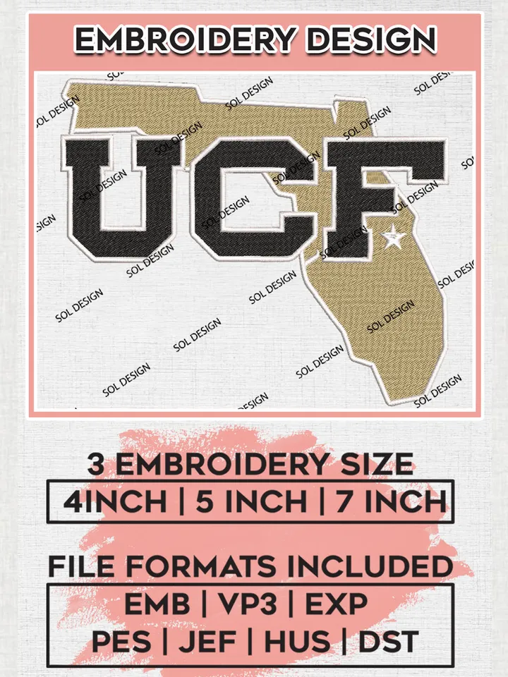 NCAA UCF Knights College Team Map Logo Embroidery Design Files, NCAA UCF Knights Machine Embroidery, NCAA Teams, 3 sizes, NCAA Machine embroidery designs, Digital Download