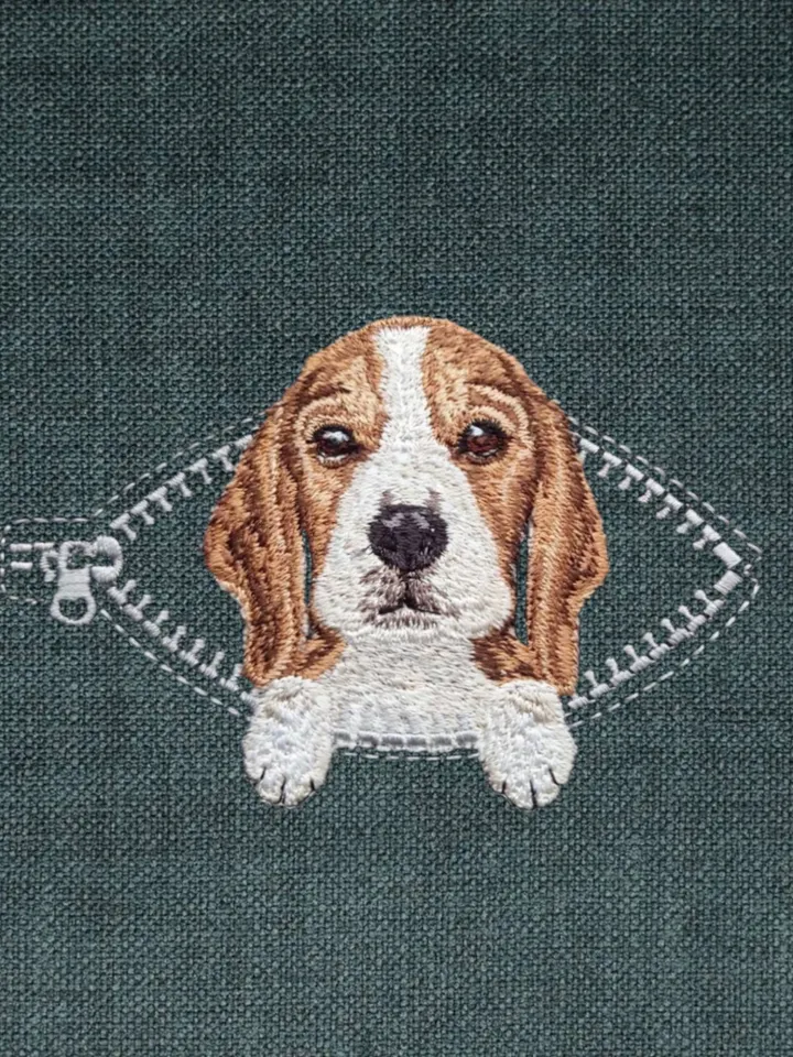 Beagle in a zipper pocket Miniature realistic machine embroidery design Pet design Dog realistic pattern Beagle embroidery pattern