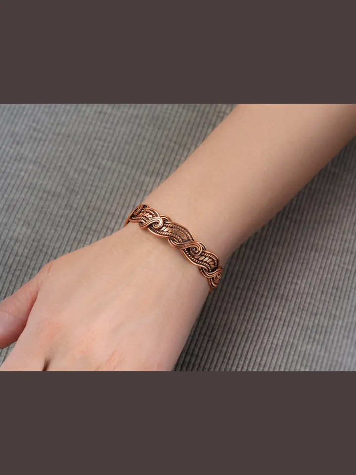 Wire wrapped bracelet, Unique 7th 22nd Wedding Anniversary gift idea, Art Nouveau antique style, One of kind braided statement bangle, Handmade oxidized pure copper woven wire elven jewelry, Pain relief, EMF protection, Hippiу accessory, Unique antique st