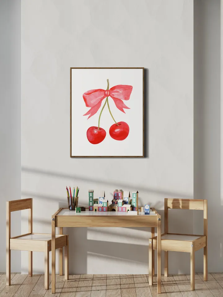 Cherry Bow Print Watercolor Painting, Vintage Cherry Art, Pink And Red Art, French Cherry Art, Girly Room Wall Art, Trendy Pink Art Print