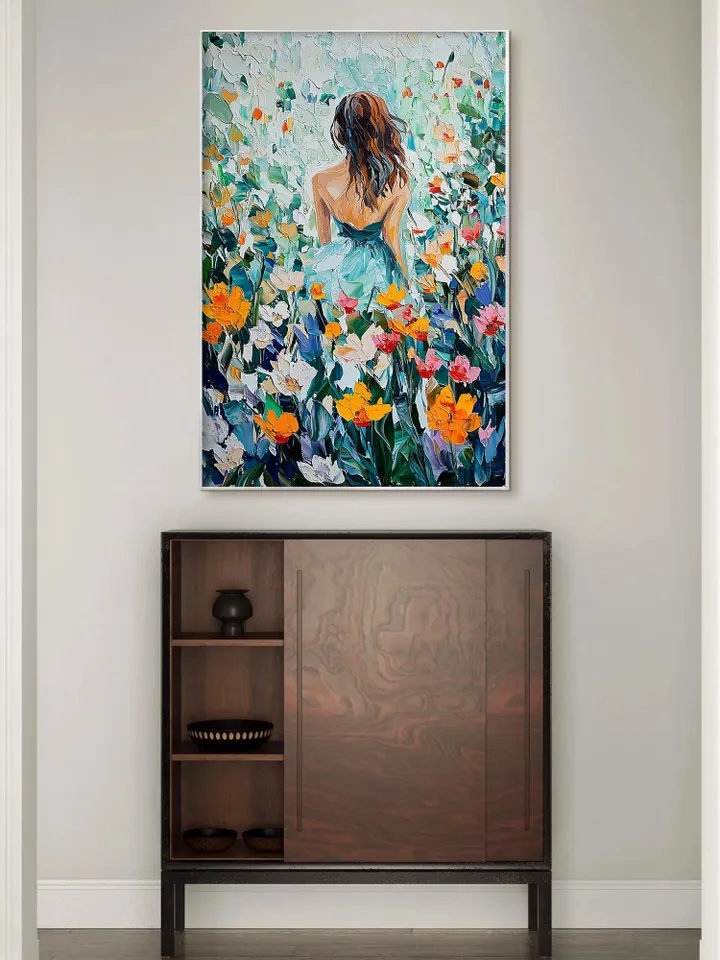 Large Impasto Woman in Flower Field Oil Painting, Colorful Garden Landscape, Textured 3D Original Art, Romantic Wall Art Decor,Gift for Her
