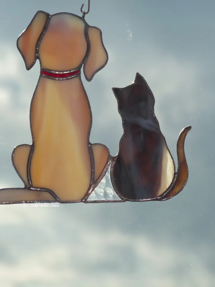 Dog and Cat , Retriever Labrador , Art stained glass hanging . Gift animal lover , pet loss memorial , Golden , black , white , gray , beige