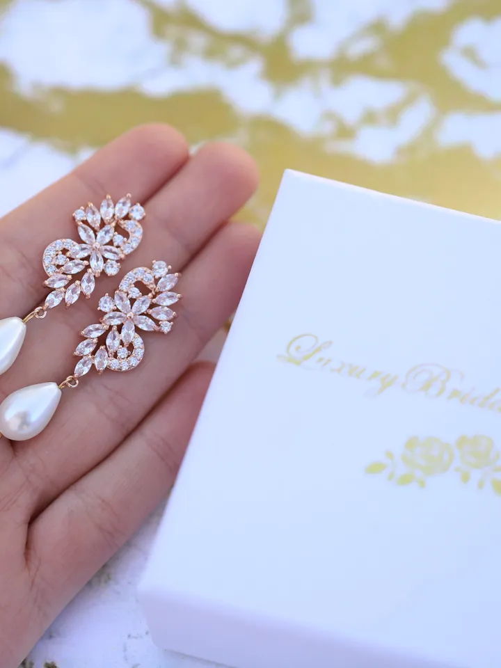 Swarovski Crystal Statement Gold Wedding Earrings, Pearl Chandelier Bridal Earrings, Cubic Zirconia Statement Wedding Jewelry For bride,