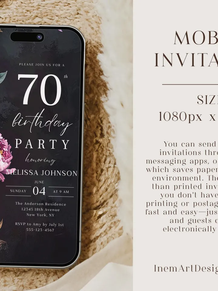 70th Birthday Invitation for women – Moody Burgundy & Blush Peony Floral Invitation, Elegant Dark Men Birthday Party Invite Canva Template