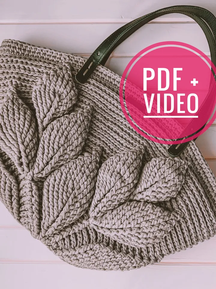 Crochet pattern bag with leaves PDF tutorial, market bag, vegan bag, tote bag, farmer bag, eco friendly bag, digital instant DIY