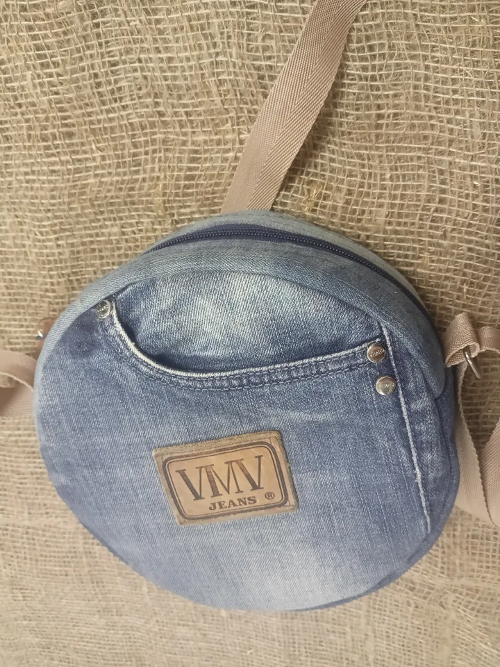 Unusual round denim purse with 4 pockets , small crossbody bag