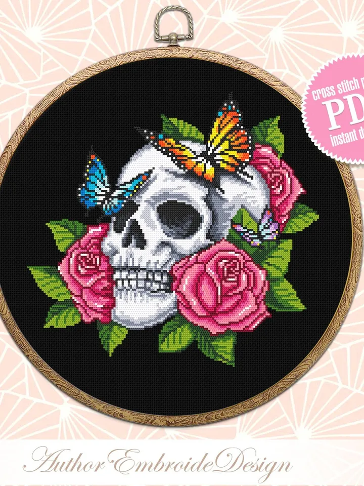 Human skull with flowers cross stitch pattern PDF download Gothic cross stitch chart, Day of the dead, Floral skull embroidery PDF #H59