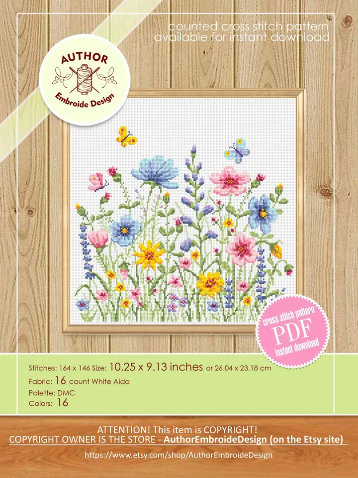 Wildflowers cross stitch pattern PDF instant download Watercolor cross stitch chart, Wild flowers pattern digital PDF, Flower meadow #P51