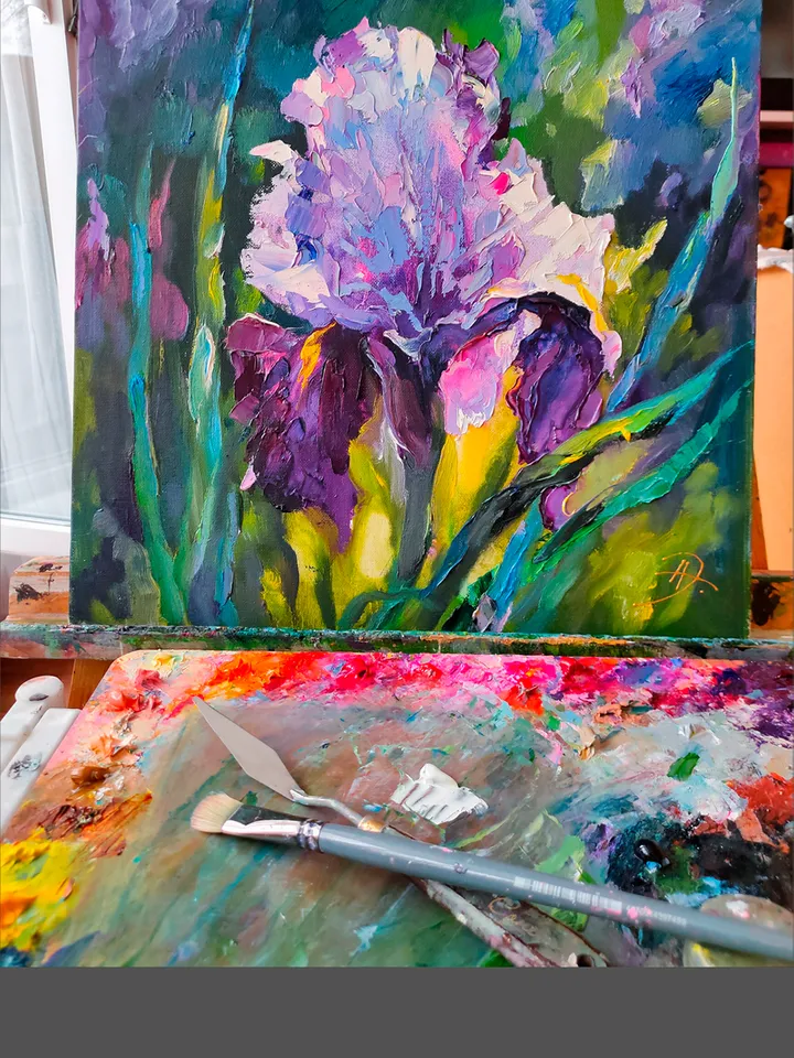 Flowers Irises Oil Canvas on Cardboard Original Art Painting Impasto Palette Knife 16 x 16 inches by Artist Natalia