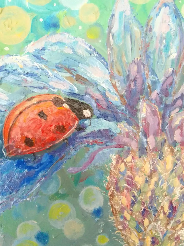 Painting flowers with a Ladybug oil on canvas