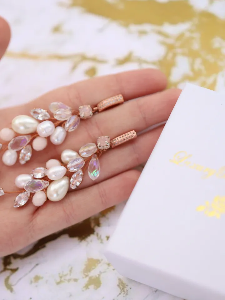 Blush Opal Rose Gold Wedding Earrings, Swarovski Crystal Chandelier Statement Bridal Earrings, Freshwater Pearl Wedding Jewelry For bride,
