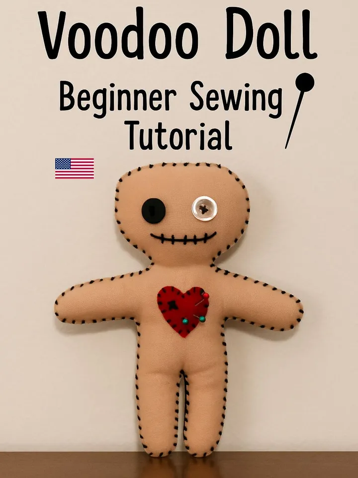 Handmade voodoo doll with red heart and button eyes – featured in beginner-friendly PDF sewing tutorial