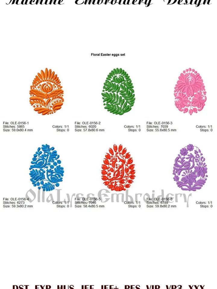Floral Easter eggs set of 6 embroidery designs