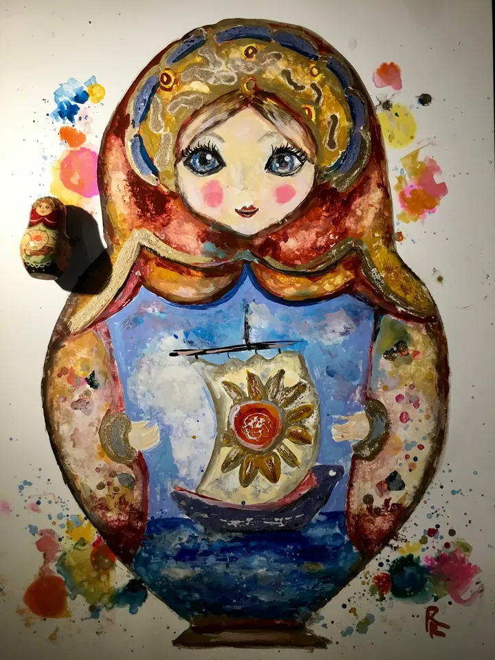 Russian fairytale matryoshka doll painting,original mix media painting on yupo paper,alcohol inks watercolour painting,modern wall art,gift.