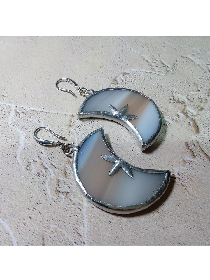 Glass crescent earrings, Moon and stars, Witchy goth aesthetic, Tin soldered moon earrings, Halloween, Witch earrings