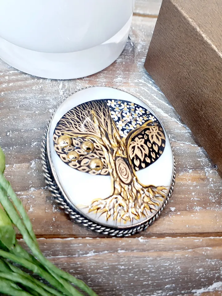 Brooches for women: Tree of life with four seasons on pearl pin • Mother of pearl brooch hand painted in in Klimt style • Dainty brooch