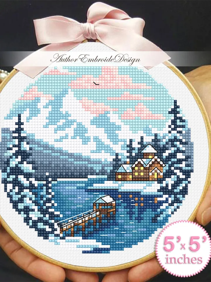 Winter nature landscape cross stitch pattern PDF download Dock lake cross stitch chart, Snow pattern digital PDF, Mountain landscape #L95