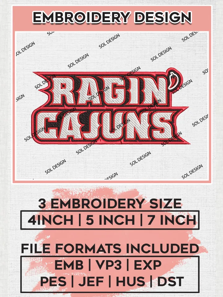 Louisiana Ragin Cajuns Logo Machine Embroidery Design, NCAA Louisiana Ragin Cajuns Embroidery Design Design files, NCAA Embroidery Designs, NCAA Machine Embroidery Designs, Digital Download