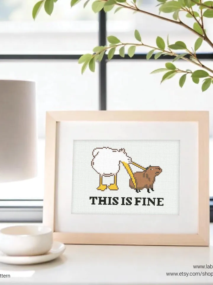 Capybara meme Cross stitch pattern, This is fine, animals, beginner counted, modern chart, gift DIY, embroidery, instant PDF, digital