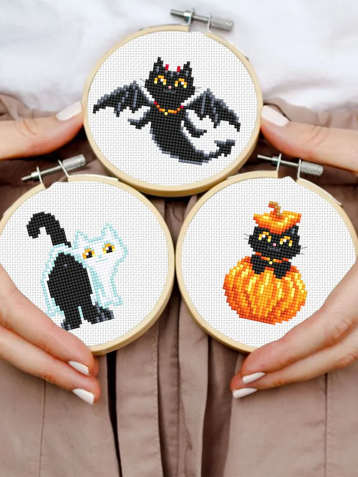 Set Halloween cats cross stitch pattern PDF download Cute black cat embroidery PDF, Funny home cat decor, Ghost cat cross stitch chart #H65