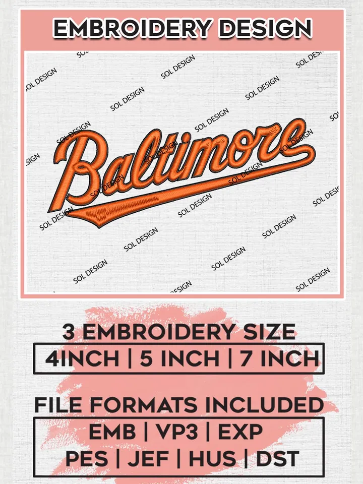 MLB Baltimore Wordmark Logo Embroidery Files, MLB Baltimore Orioles Team Embroidery, MLB Teams, 3 sizes, MLB Machine embroidery designs, Digital Download