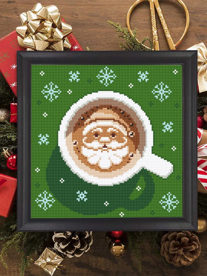 Christmas coffee cross stitch pattern PDF download Christmas cross stitch chart, Cup of latte cappuccino coffee with Santa pattern #N145