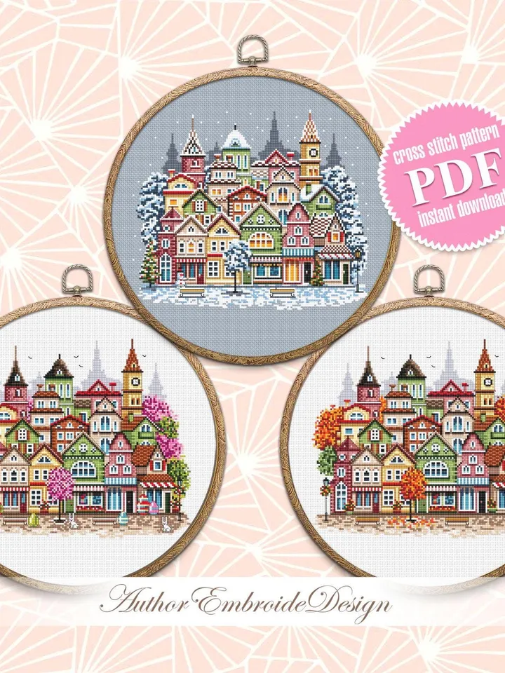 Set of 3 Season houses cross stitch pattern PDF download Christmas city cross stitch chart, Urban landscape pattern digital PDF #E20