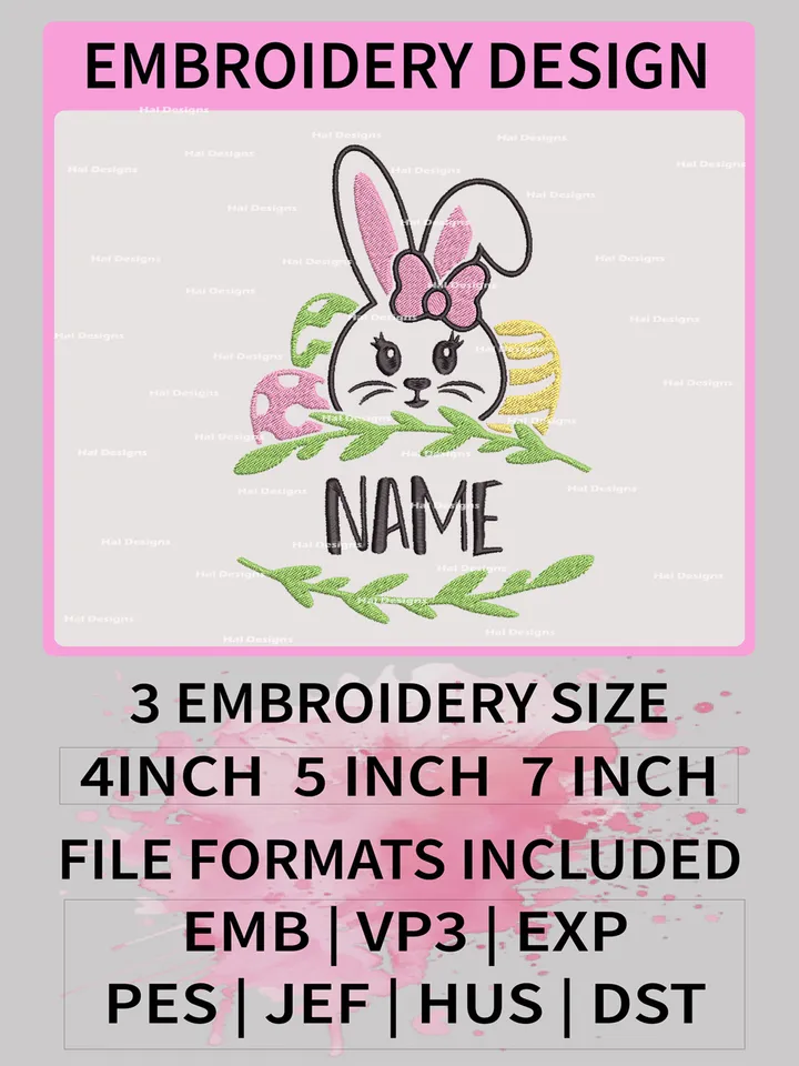 Bunny Girl Name Frame Embroidery Designs, Bunny Girl Machine Embroidery Patte, Happy Easter Logo Embroidery File
