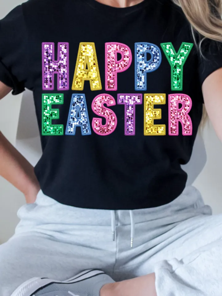 Happy Easter Sparkly Faux Sequins Easter Day Png, Cute Easter Day Shirt Design, Trendy Easter Day Png, Sublimation, Digital