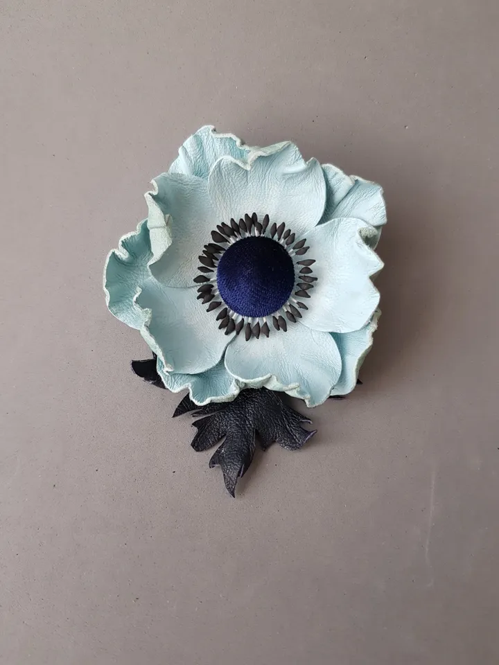 Sky blue leather brooch for her, Leather women's jewelry