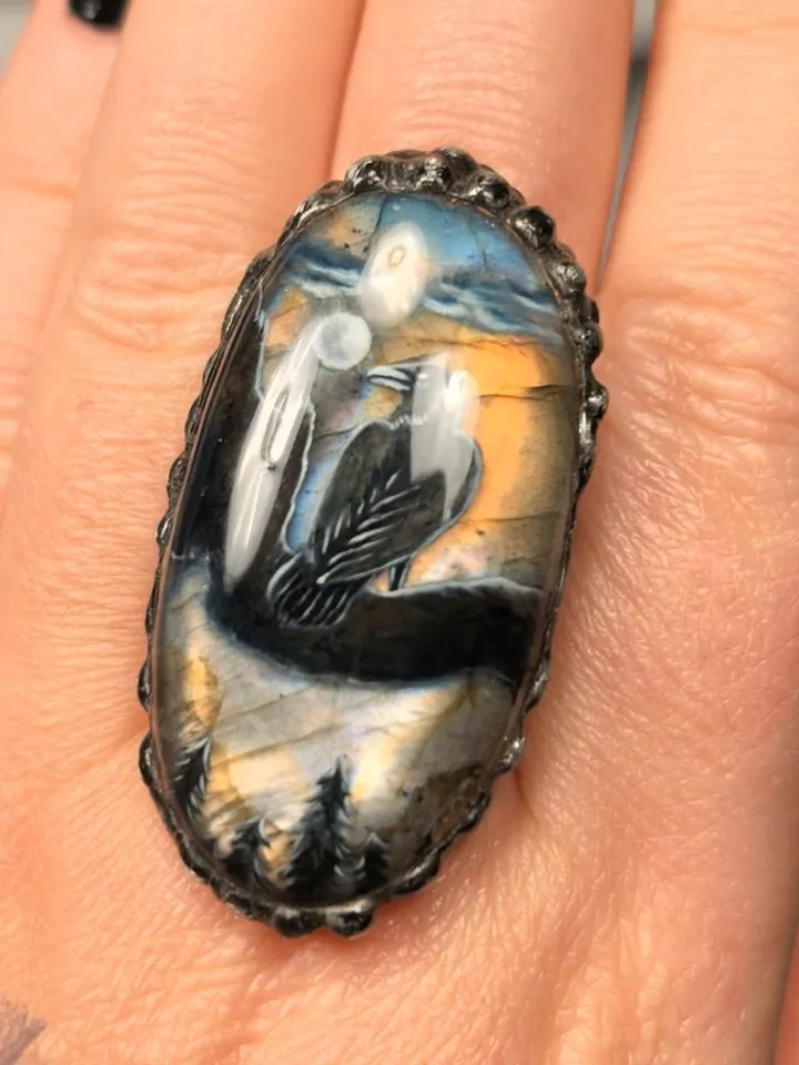Raven ring Crow ring Viking ring Labradorite ring Oil painting miniature